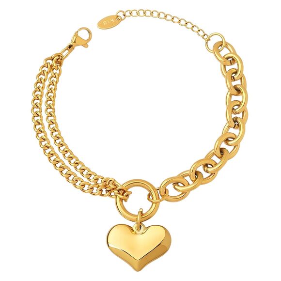 18K Gold Plated Women's Heart Center Charm Bracelet Chunky Chain Bold Fashion - Picture 1 of 10